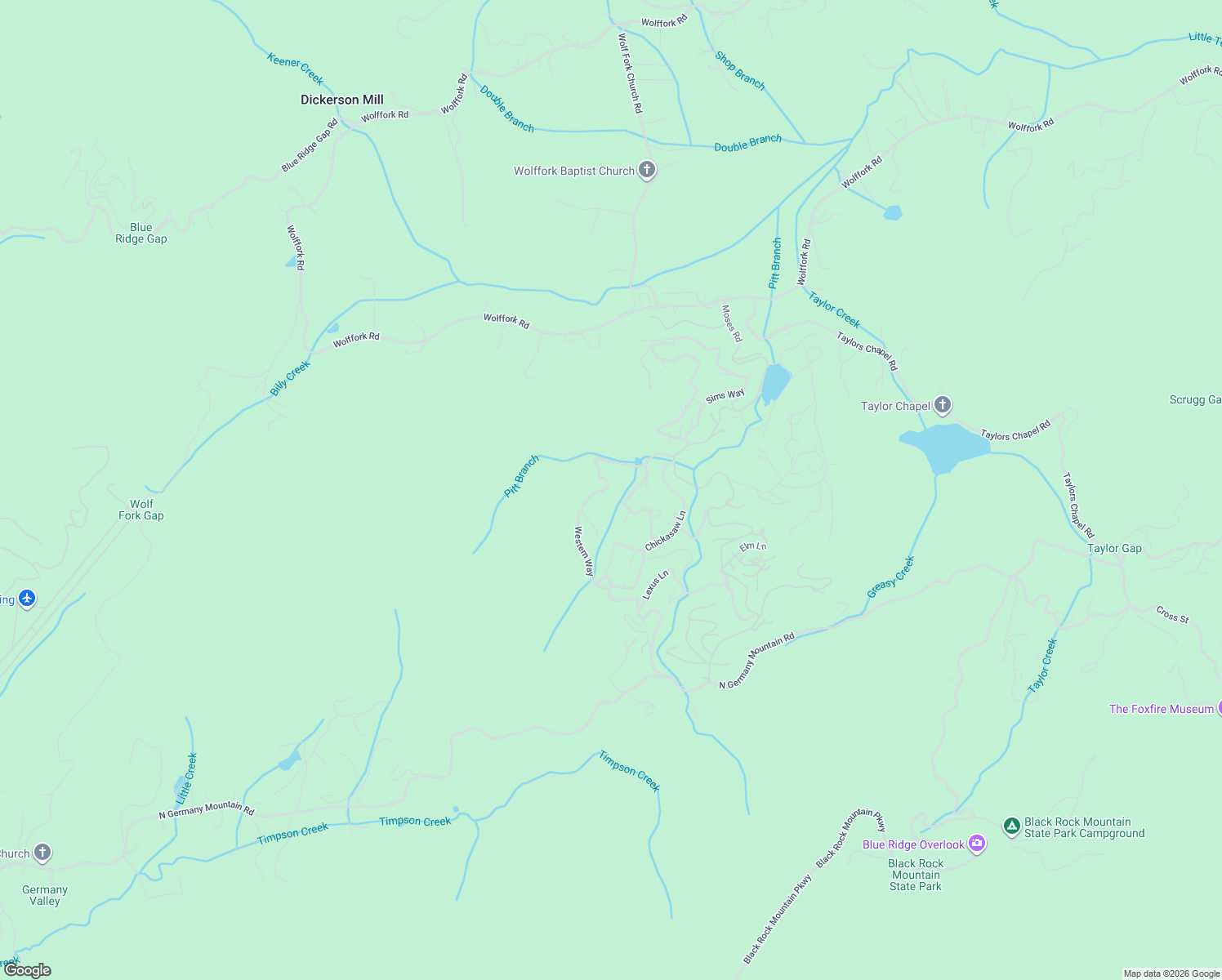 map of restaurants, bars, coffee shops, grocery stores, and more near Western Way in Rabun Gap