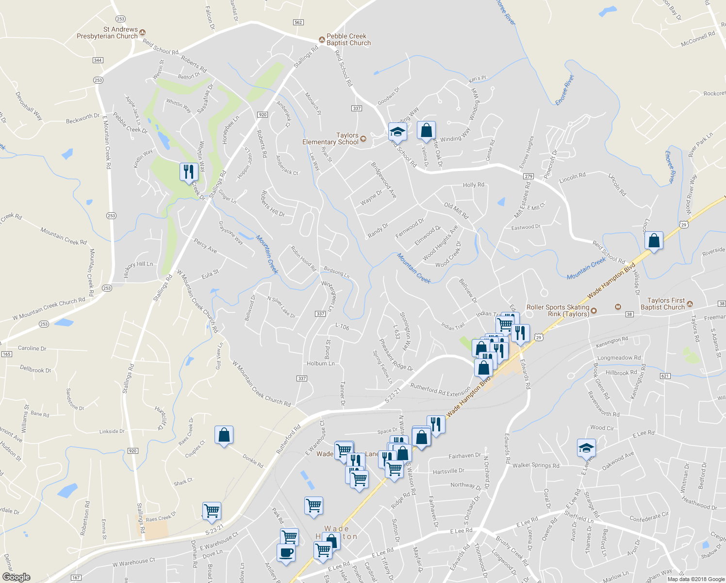 map of restaurants, bars, coffee shops, grocery stores, and more near 65 Birdsong Lane in Taylors