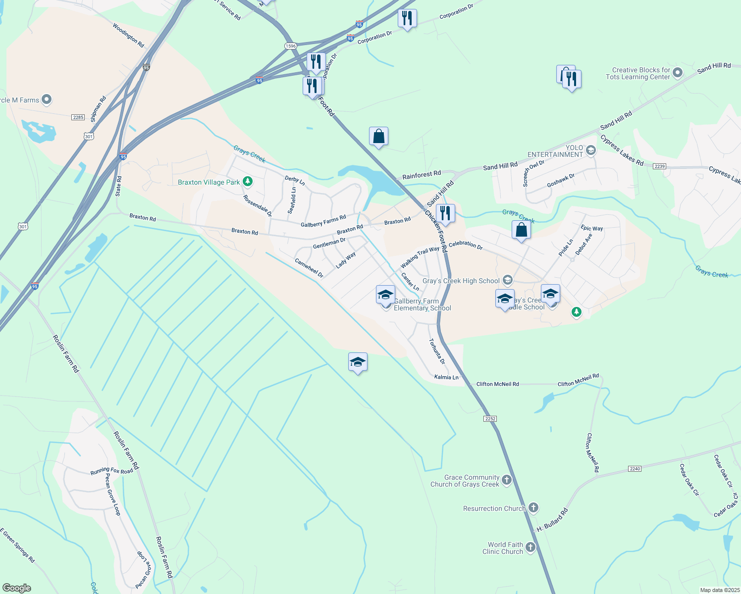 map of restaurants, bars, coffee shops, grocery stores, and more near 5731 Walking Trail Way in Hope Mills