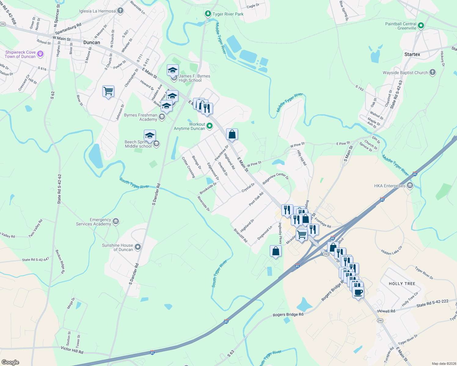 map of restaurants, bars, coffee shops, grocery stores, and more near 222 Overhill Dr in Duncan