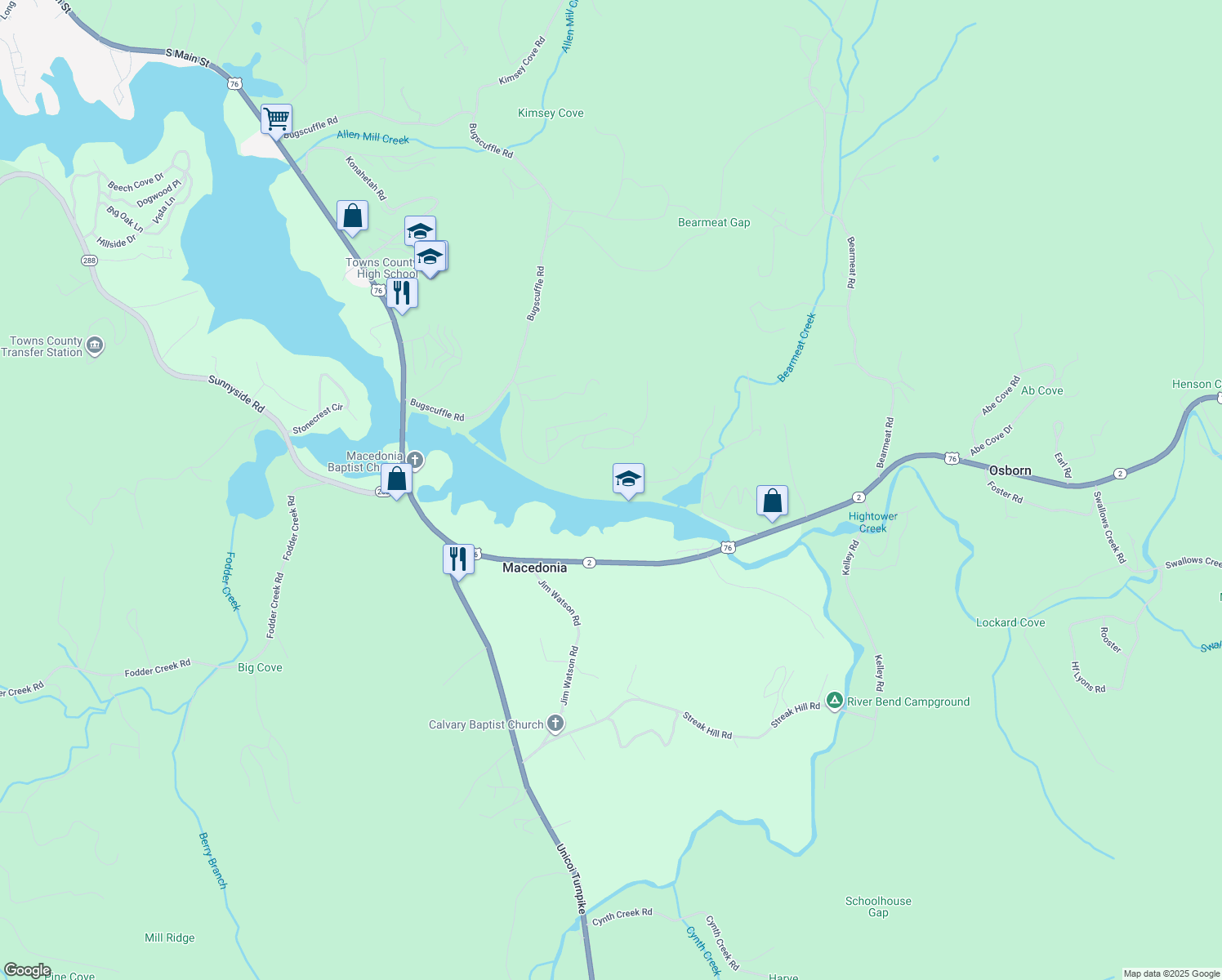 map of restaurants, bars, coffee shops, grocery stores, and more near 2003 Bend Of The Riv in Hiawassee