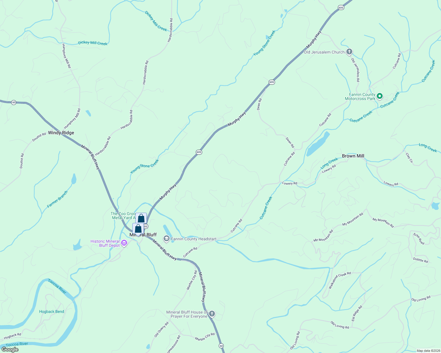 map of restaurants, bars, coffee shops, grocery stores, and more near 147-157 Murphy Highway in Mineral Bluff