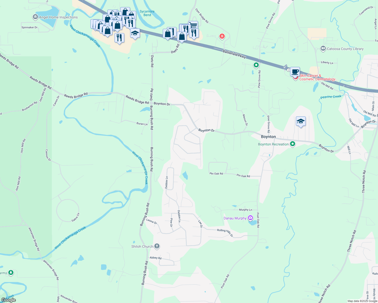 map of restaurants, bars, coffee shops, grocery stores, and more near 515 Brownwood Circle in Ringgold