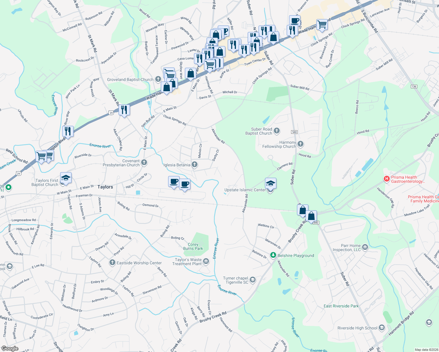 map of restaurants, bars, coffee shops, grocery stores, and more near 17 Blacktop Road in Taylors