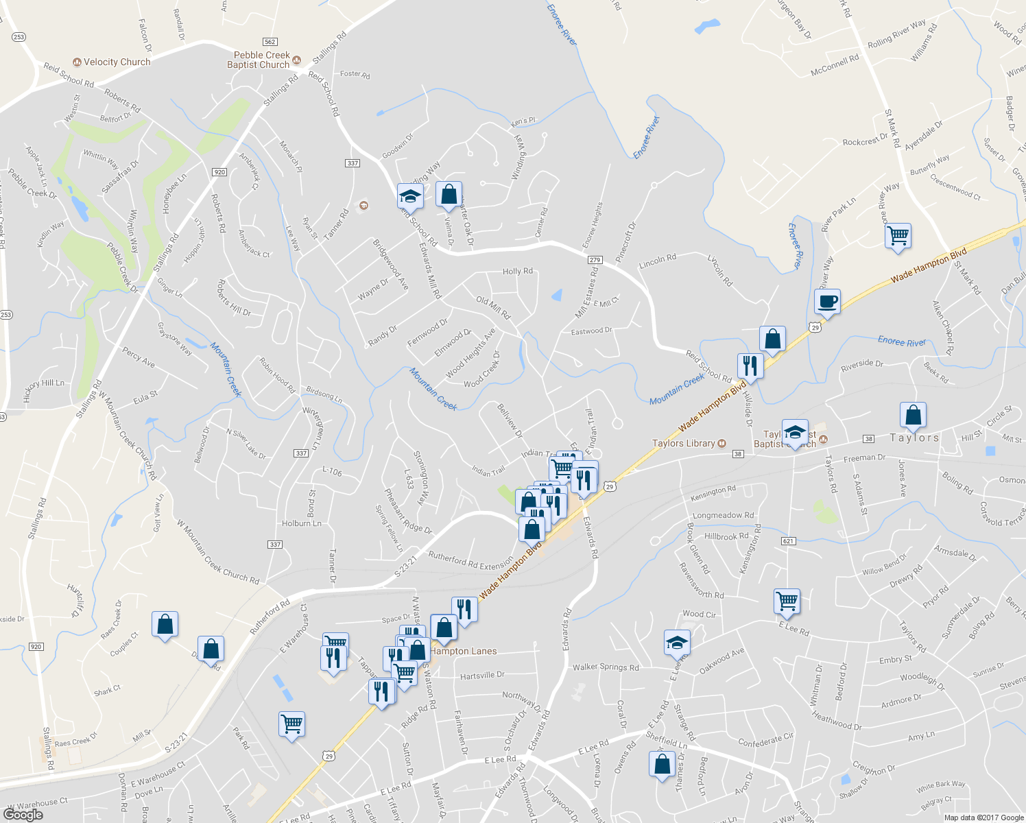 map of restaurants, bars, coffee shops, grocery stores, and more near 106 Bellview Drive in Taylors