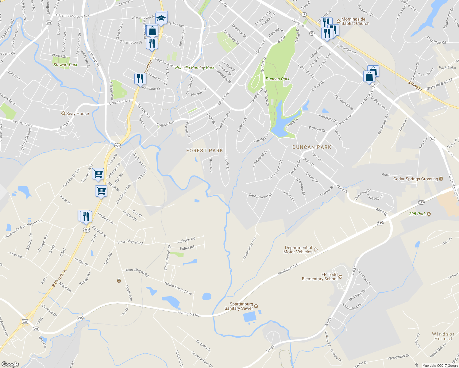 map of restaurants, bars, coffee shops, grocery stores, and more near 177 Lincoln Drive in Spartanburg