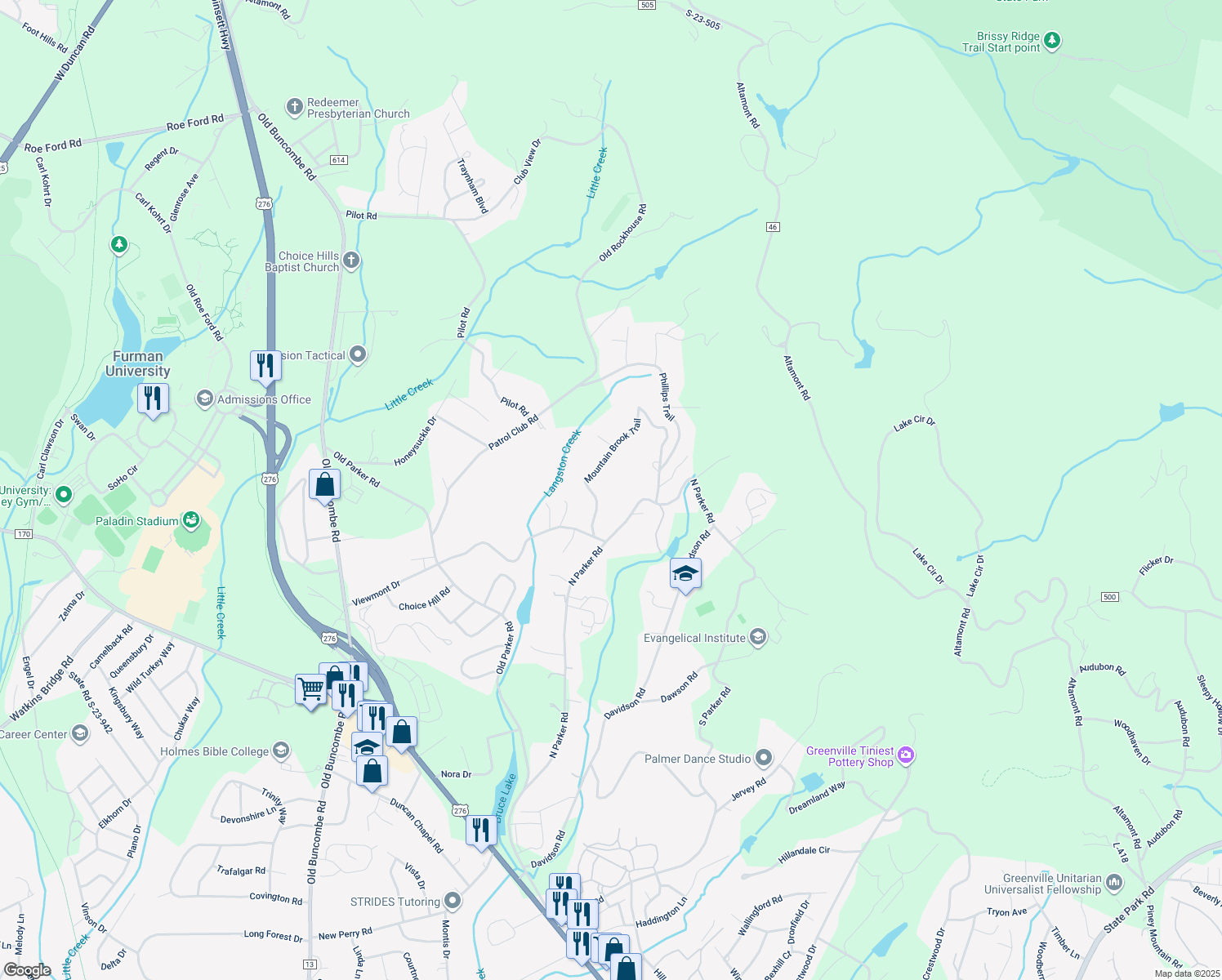 map of restaurants, bars, coffee shops, grocery stores, and more near 10 Mountain Brook Trail in Greenville