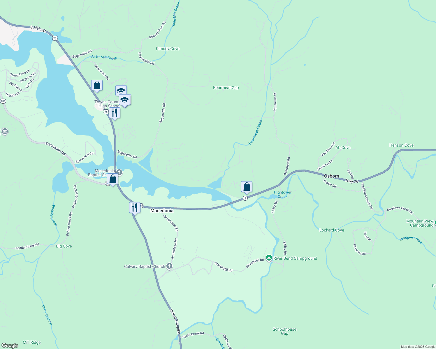 map of restaurants, bars, coffee shops, grocery stores, and more near Burke Ferguson Trail in Hiawassee