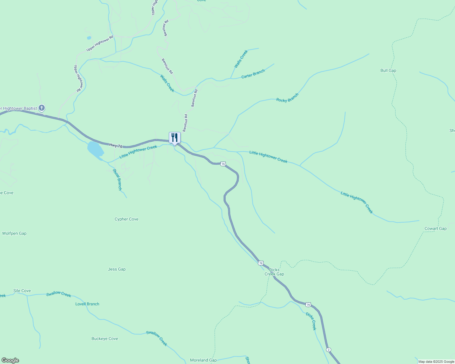 map of restaurants, bars, coffee shops, grocery stores, and more near 7612 U.S. 76 in Hiawassee