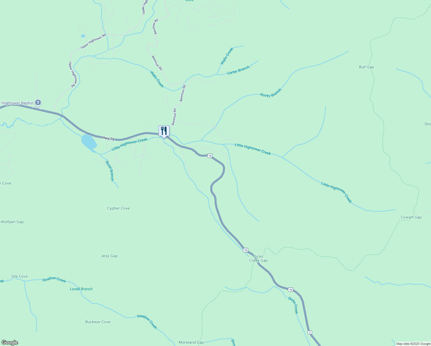 map of restaurants, bars, coffee shops, grocery stores, and more near 7612 U.S. 76 in Hiawassee