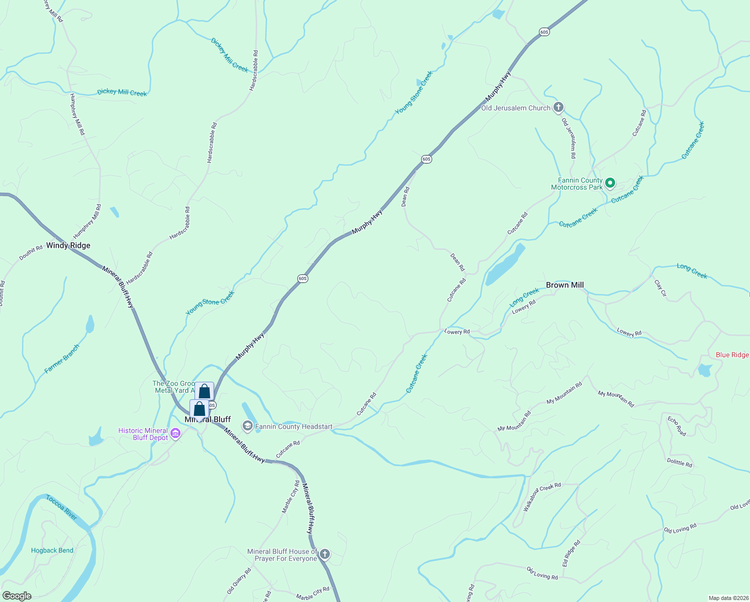 map of restaurants, bars, coffee shops, grocery stores, and more near Cutcane Road in Mineral Bluff