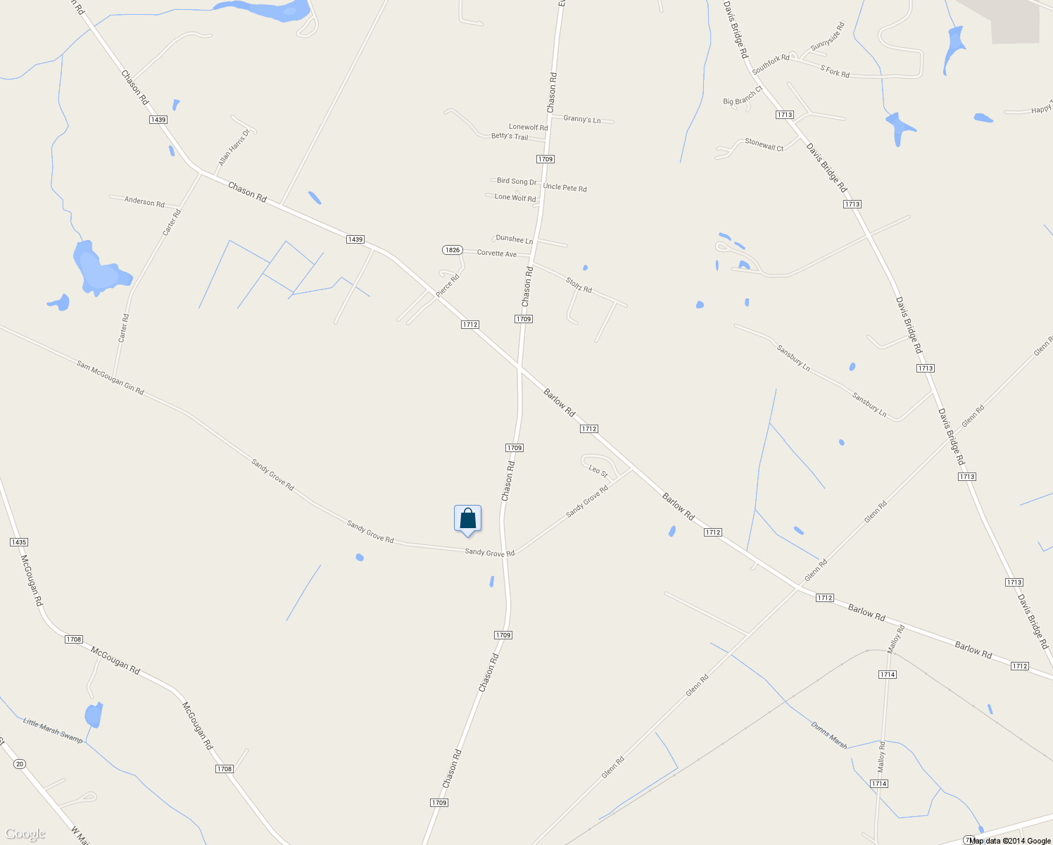 map of restaurants, bars, coffee shops, grocery stores, and more near 2174 Chason Rd in Lumber Bridge