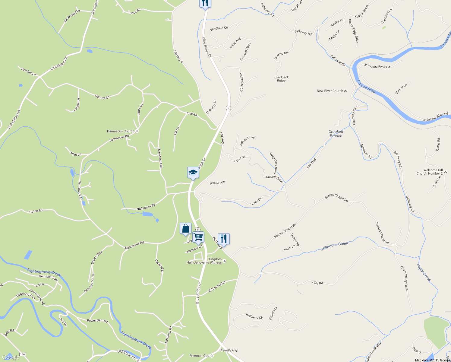 map of restaurants, bars, coffee shops, grocery stores, and more near 298 Walnut Way in Blue Ridge