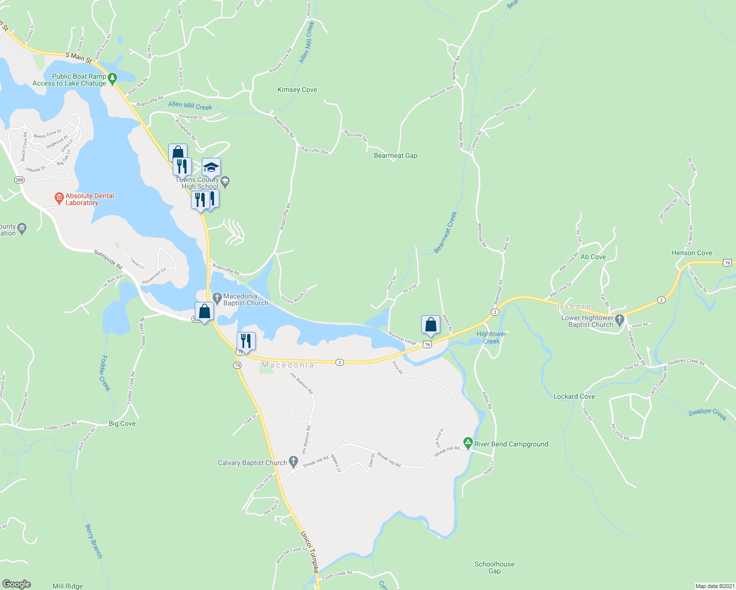 map of restaurants, bars, coffee shops, grocery stores, and more near 2102 Pooh Cor in Hiawassee