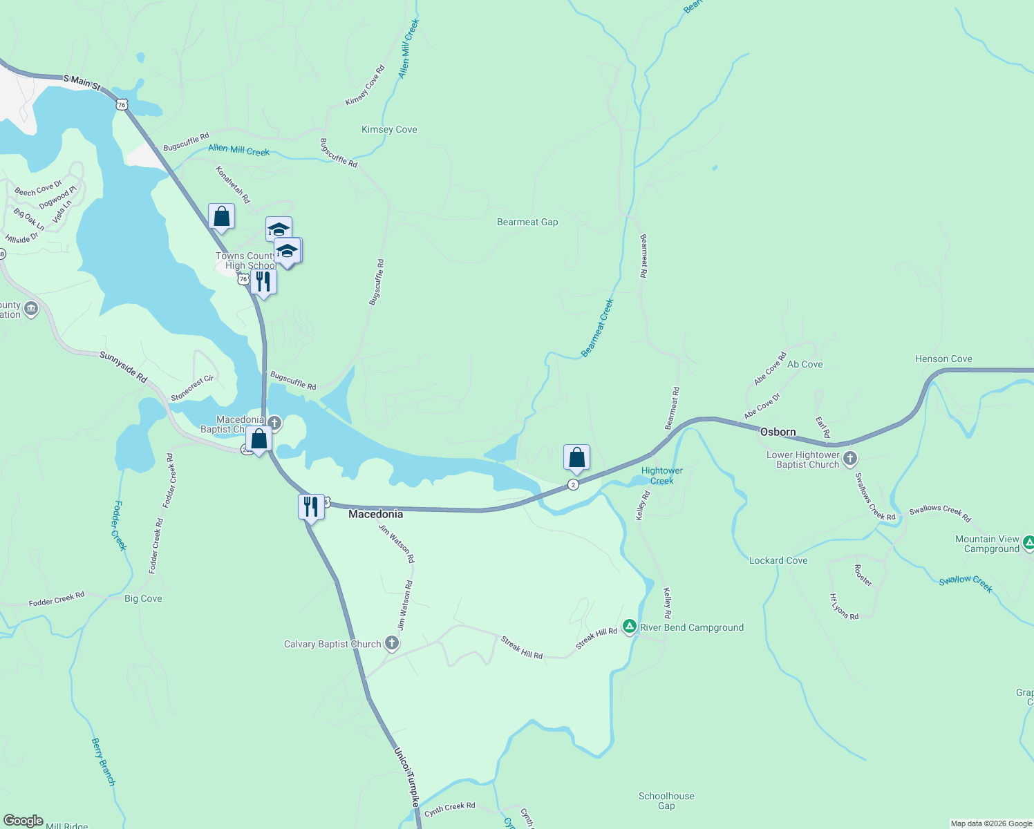 map of restaurants, bars, coffee shops, grocery stores, and more near 1720 Davis Road in Hiawassee