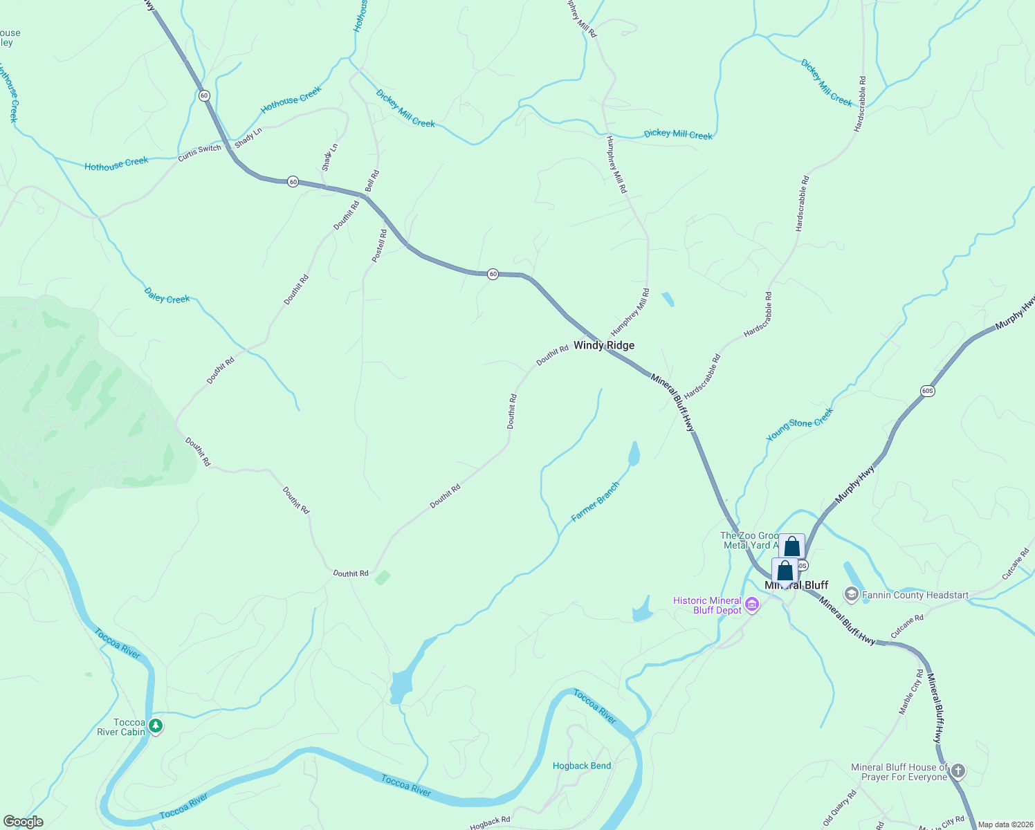 map of restaurants, bars, coffee shops, grocery stores, and more near 2816 Douthit Road in Mineral Bluff