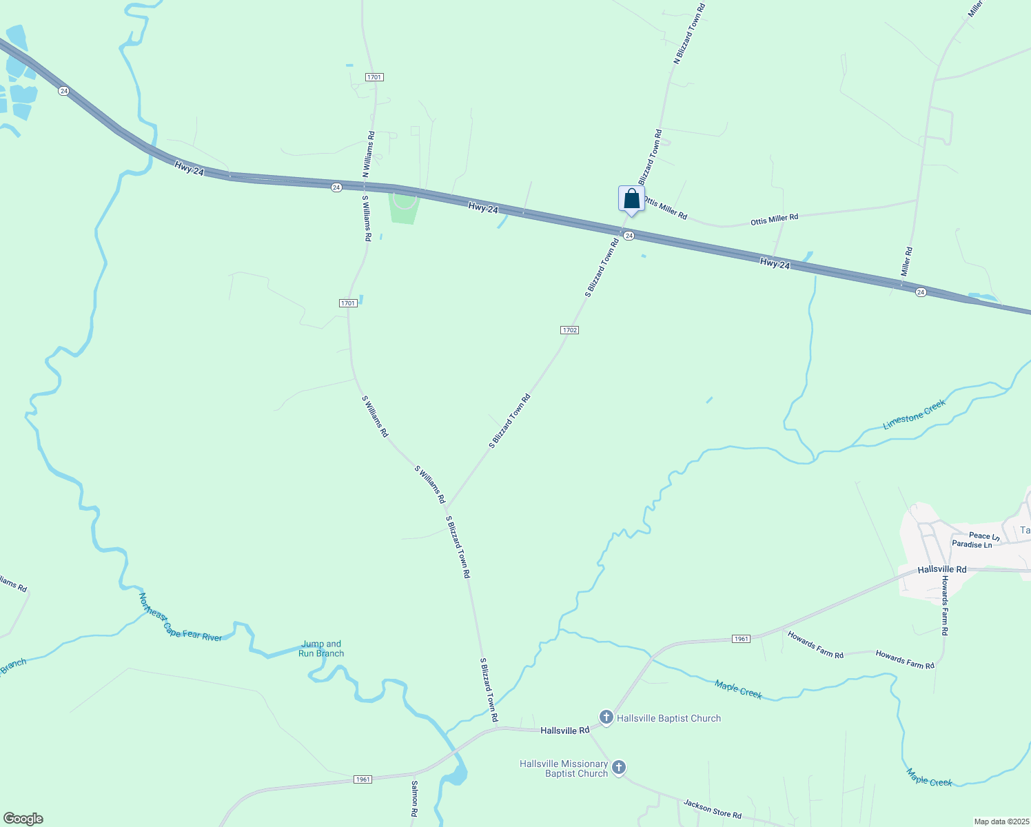 map of restaurants, bars, coffee shops, grocery stores, and more near 281 South Blizzard Town Road in Beulaville