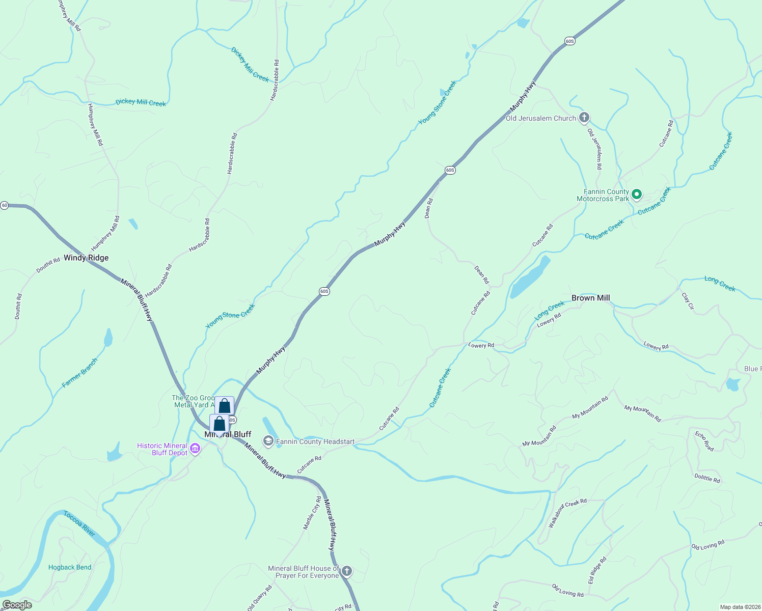 map of restaurants, bars, coffee shops, grocery stores, and more near in Mineral Bluff