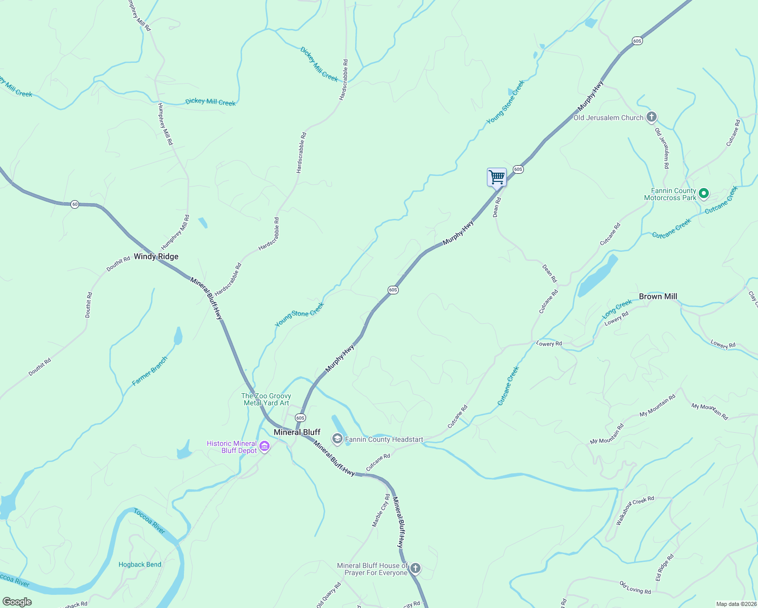 map of restaurants, bars, coffee shops, grocery stores, and more near 147 Georgia 60 Spur in Mineral Bluff