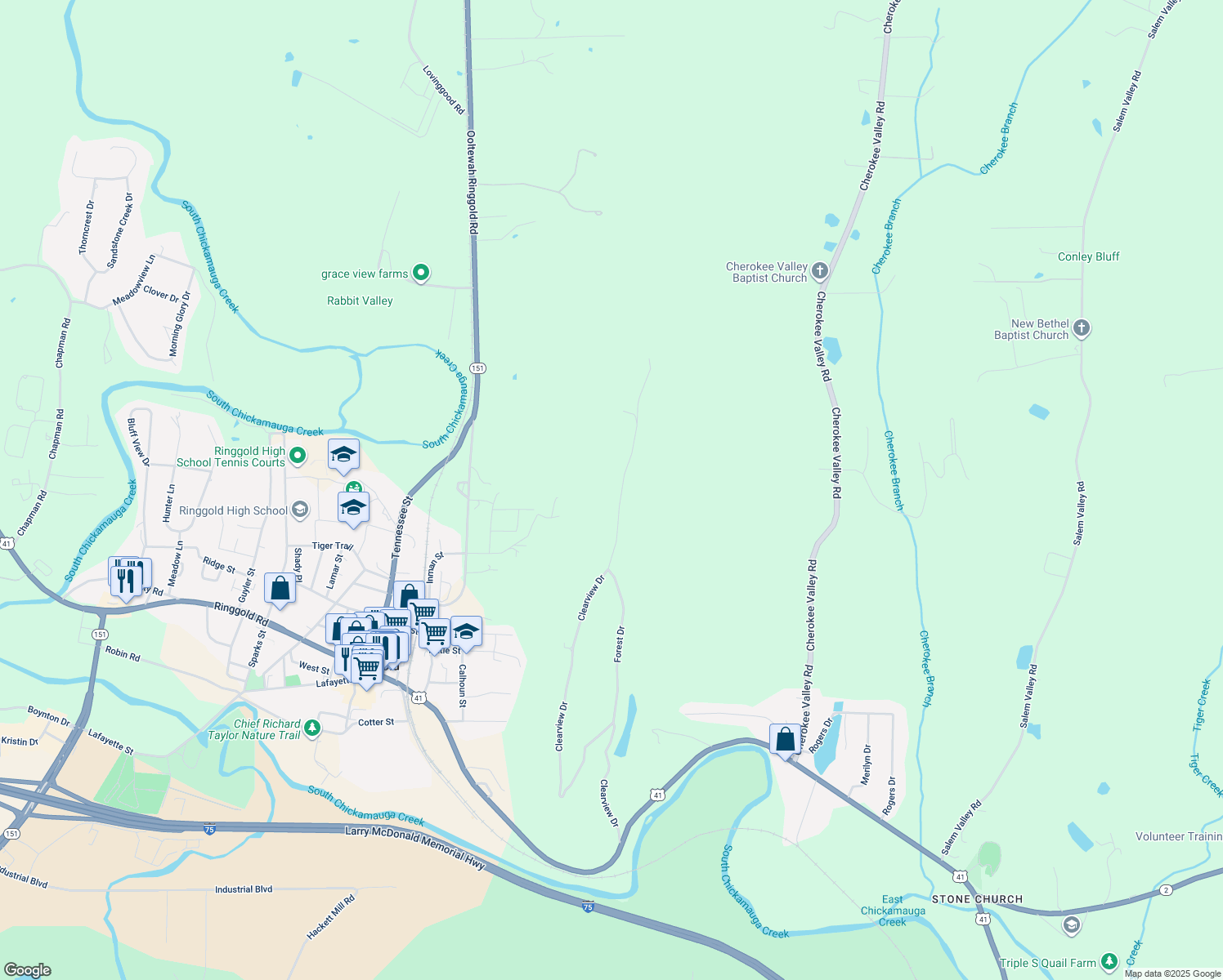 map of restaurants, bars, coffee shops, grocery stores, and more near 1715 Clearview Drive in Ringgold