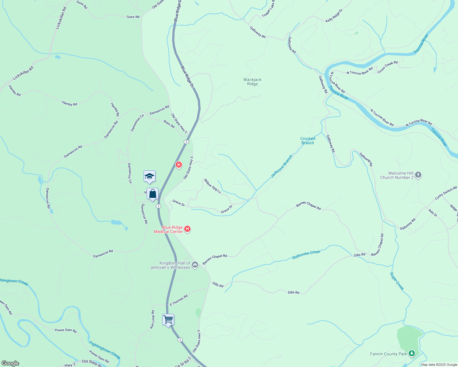 map of restaurants, bars, coffee shops, grocery stores, and more near 261 Canyon Drive in Blue Ridge