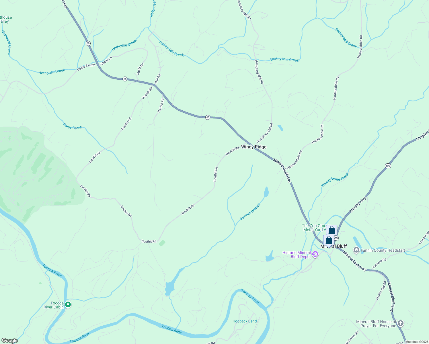 map of restaurants, bars, coffee shops, grocery stores, and more near 2816 Douthit Road in Mineral Bluff