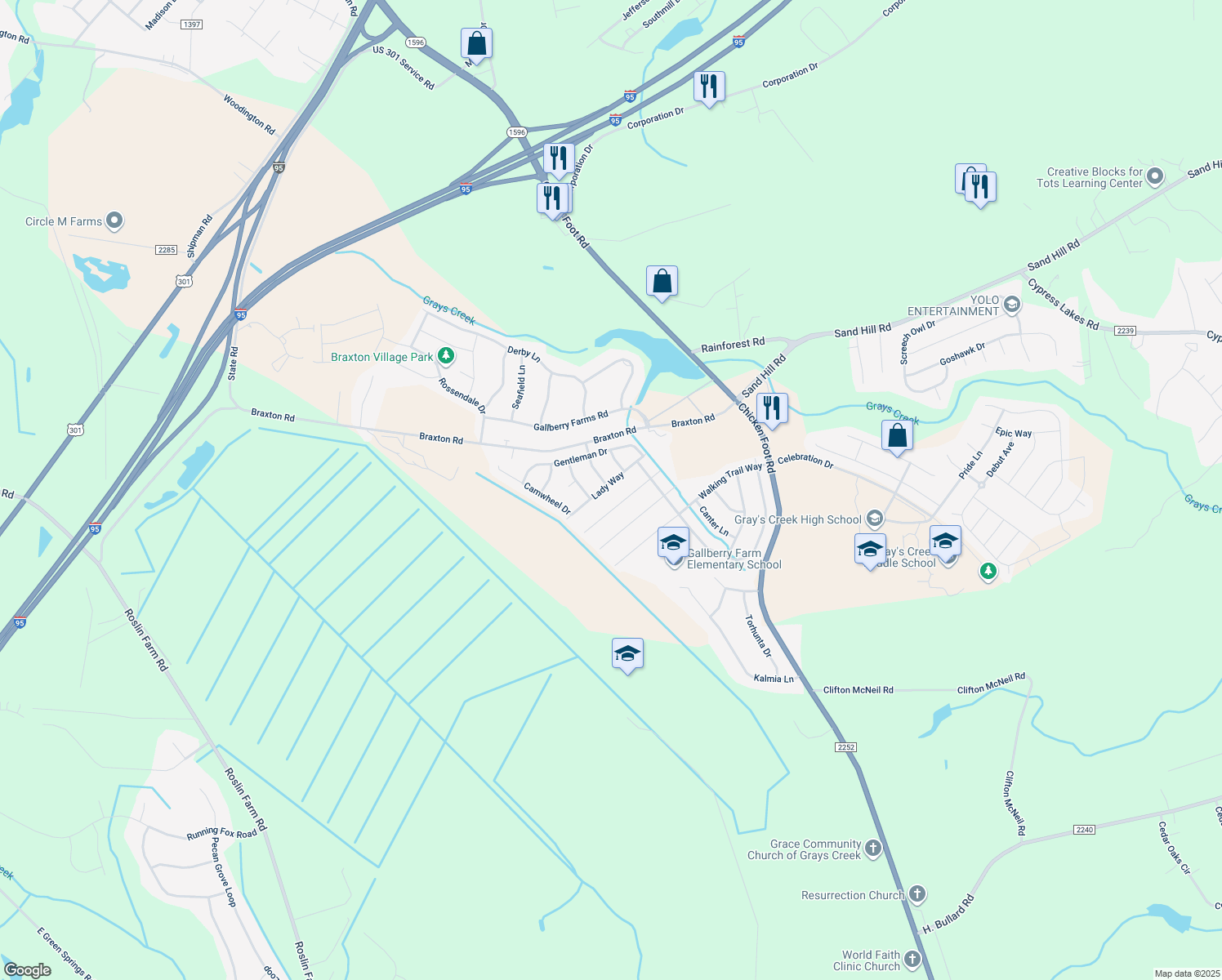 map of restaurants, bars, coffee shops, grocery stores, and more near 5725 Lady Way in Hope Mills
