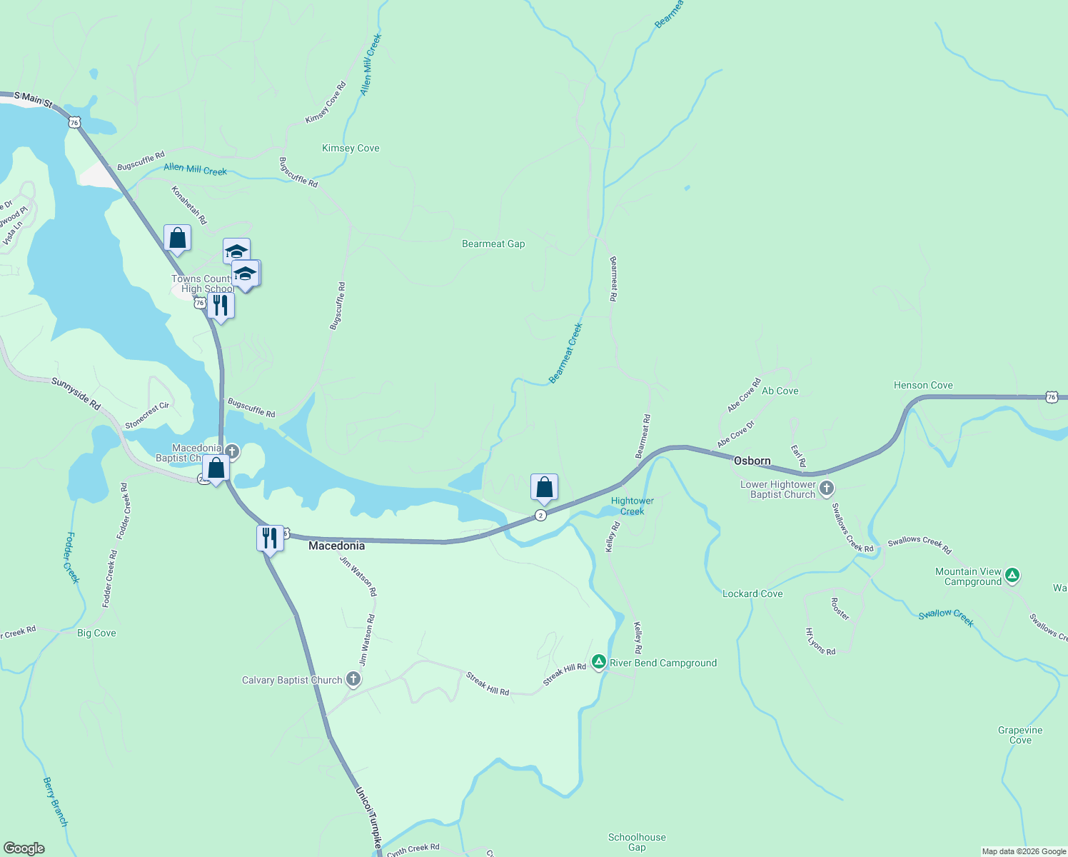 map of restaurants, bars, coffee shops, grocery stores, and more near 3101 Bearmeat Ridge Road in Hiawassee