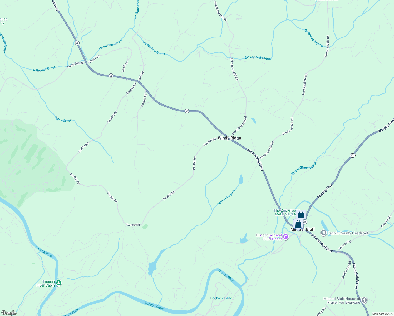 map of restaurants, bars, coffee shops, grocery stores, and more near 535 Douthit Road in Mineral Bluff