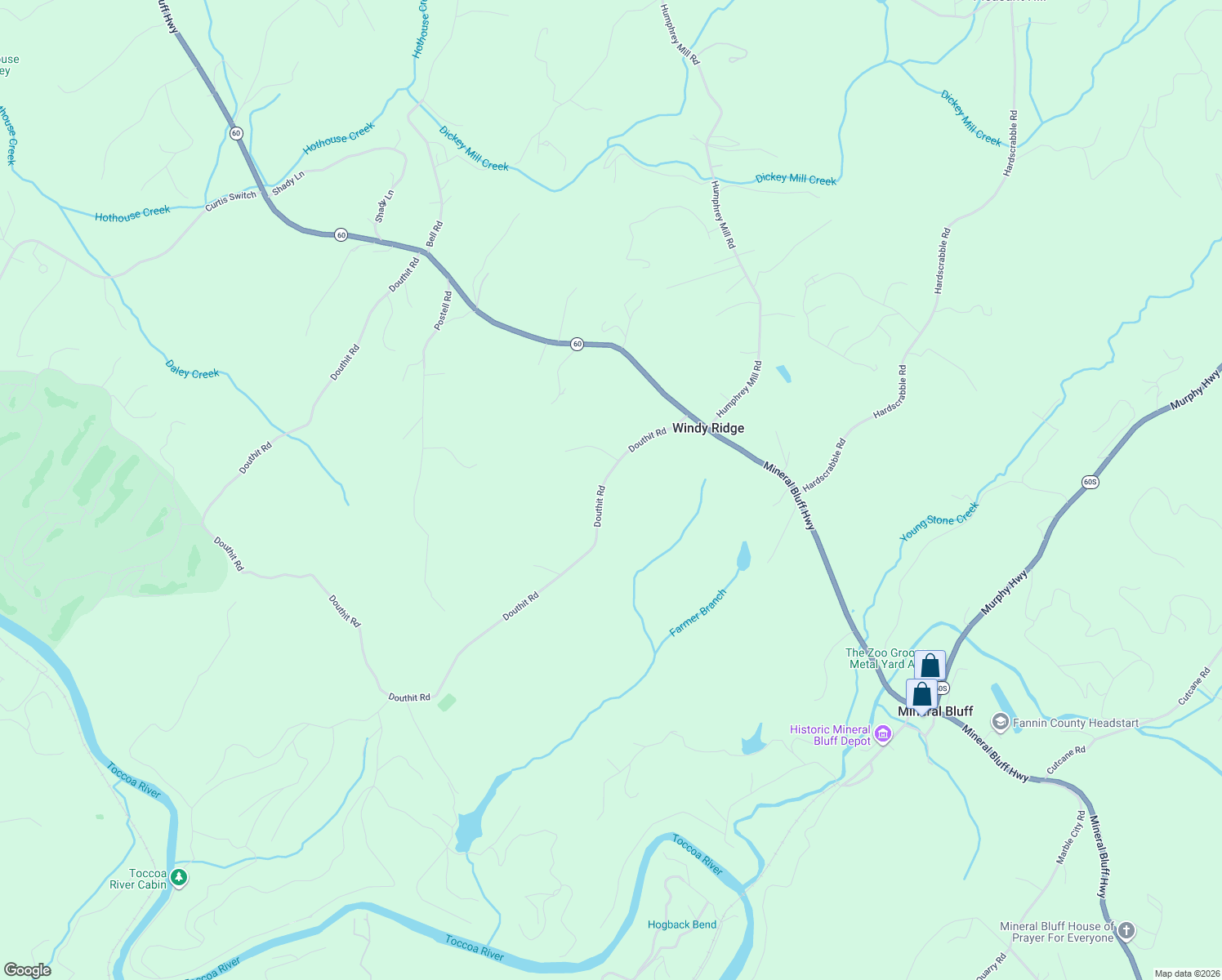 map of restaurants, bars, coffee shops, grocery stores, and more near 535 Douthit Road in Mineral Bluff