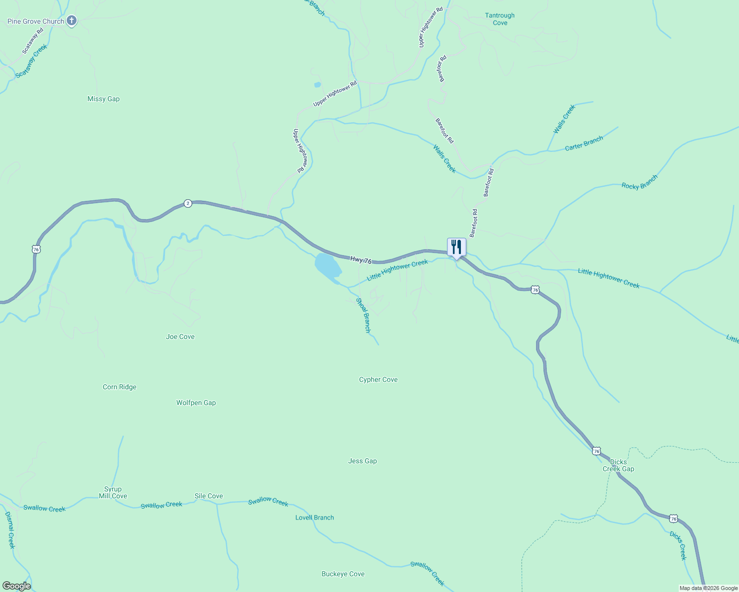 map of restaurants, bars, coffee shops, grocery stores, and more near 1855 Deer Run Circle in Hiawassee