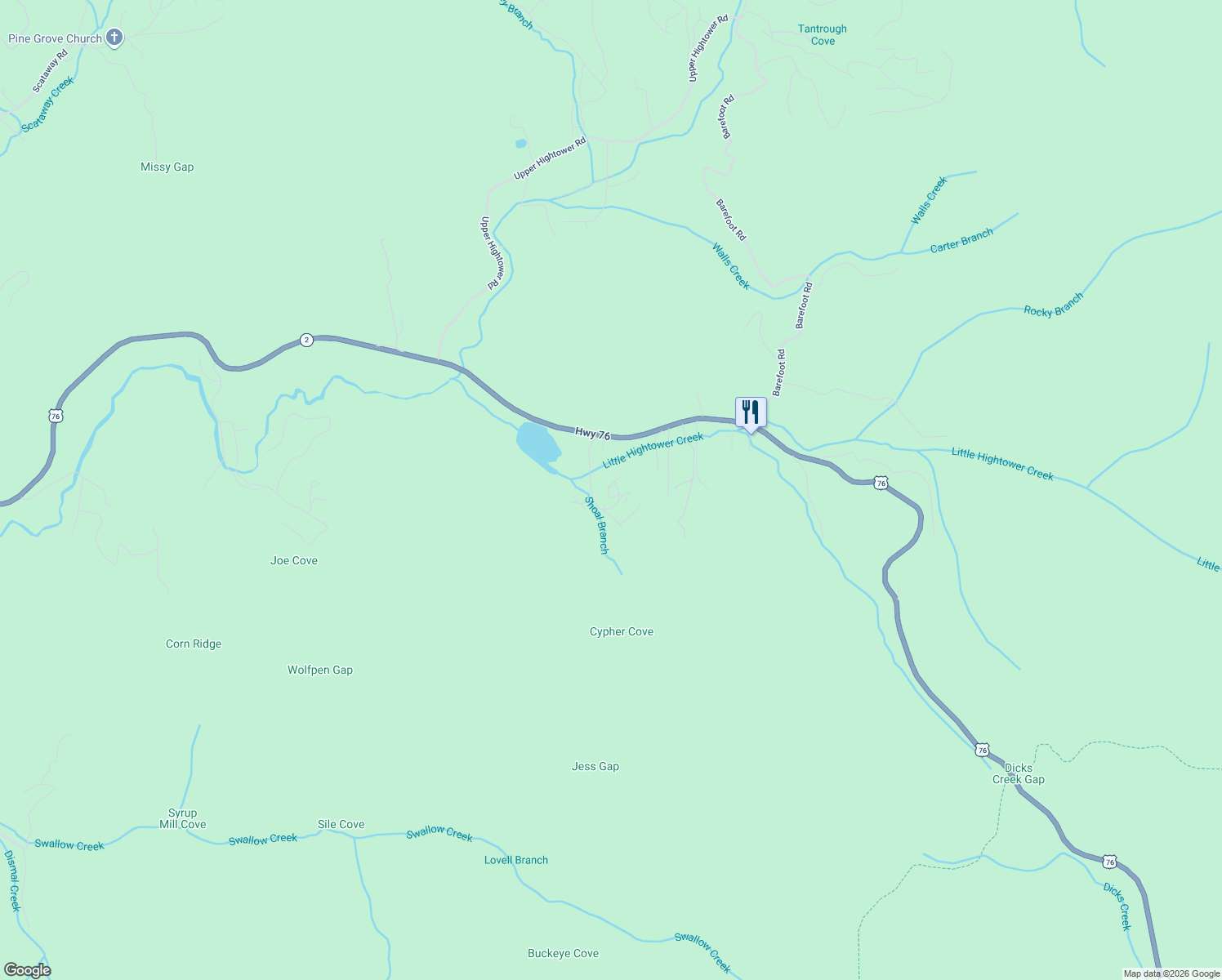 map of restaurants, bars, coffee shops, grocery stores, and more near 1855 Deer Run Circle in Hiawassee