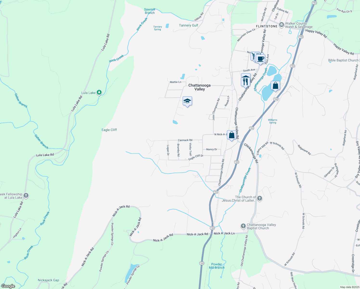 map of restaurants, bars, coffee shops, grocery stores, and more near 33 Brumby Road in Chattanooga Valley