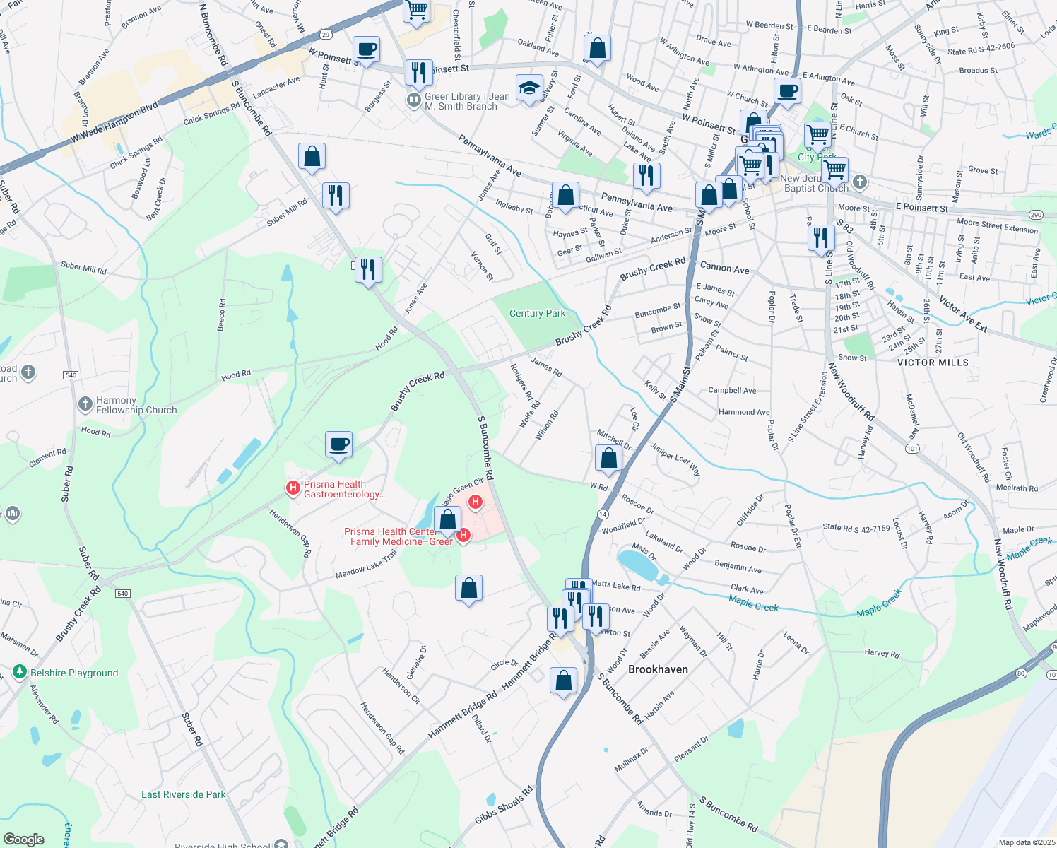 map of restaurants, bars, coffee shops, grocery stores, and more near 201 Wolfe Road in Greer