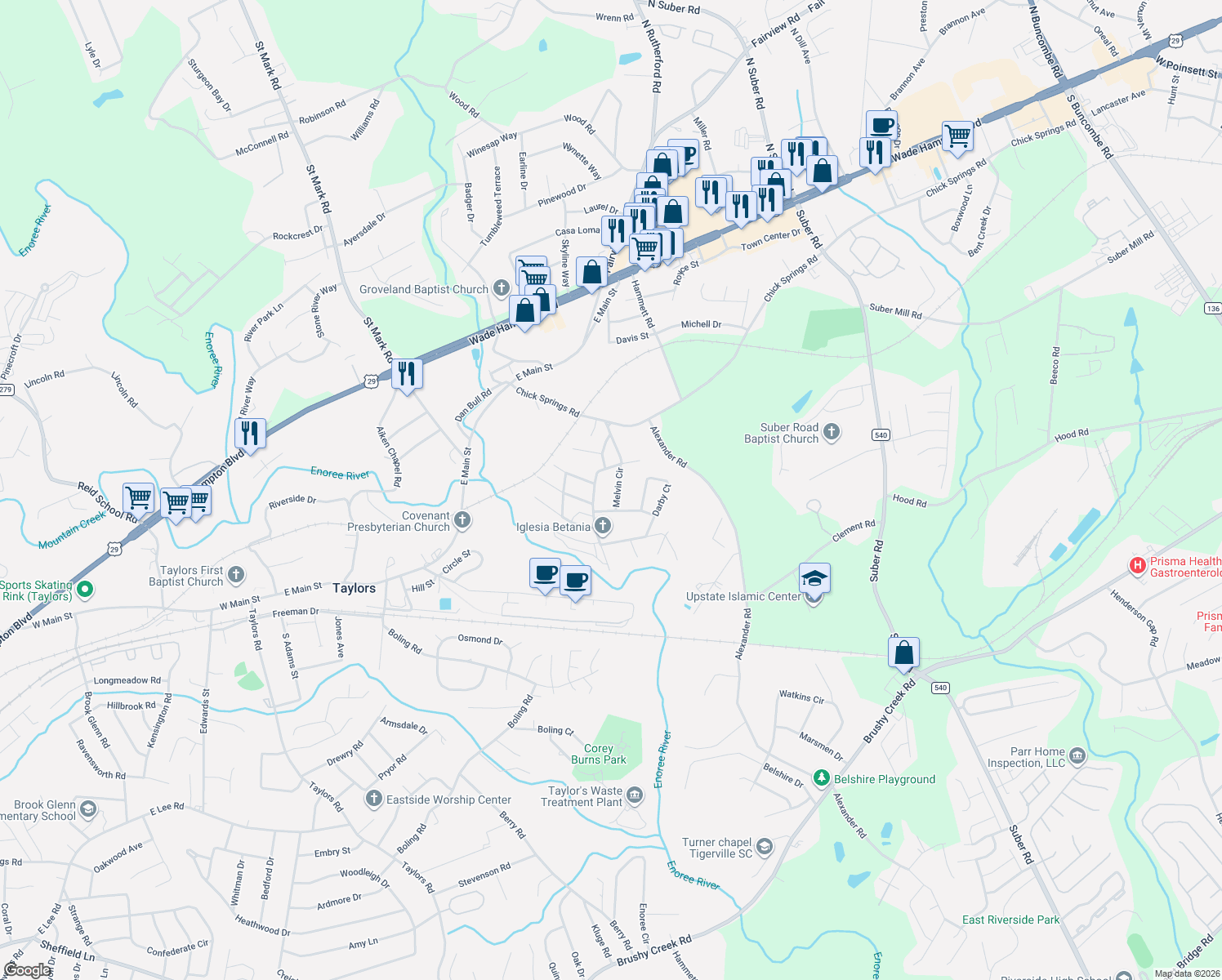 map of restaurants, bars, coffee shops, grocery stores, and more near 8 Melvin Circle in Taylors