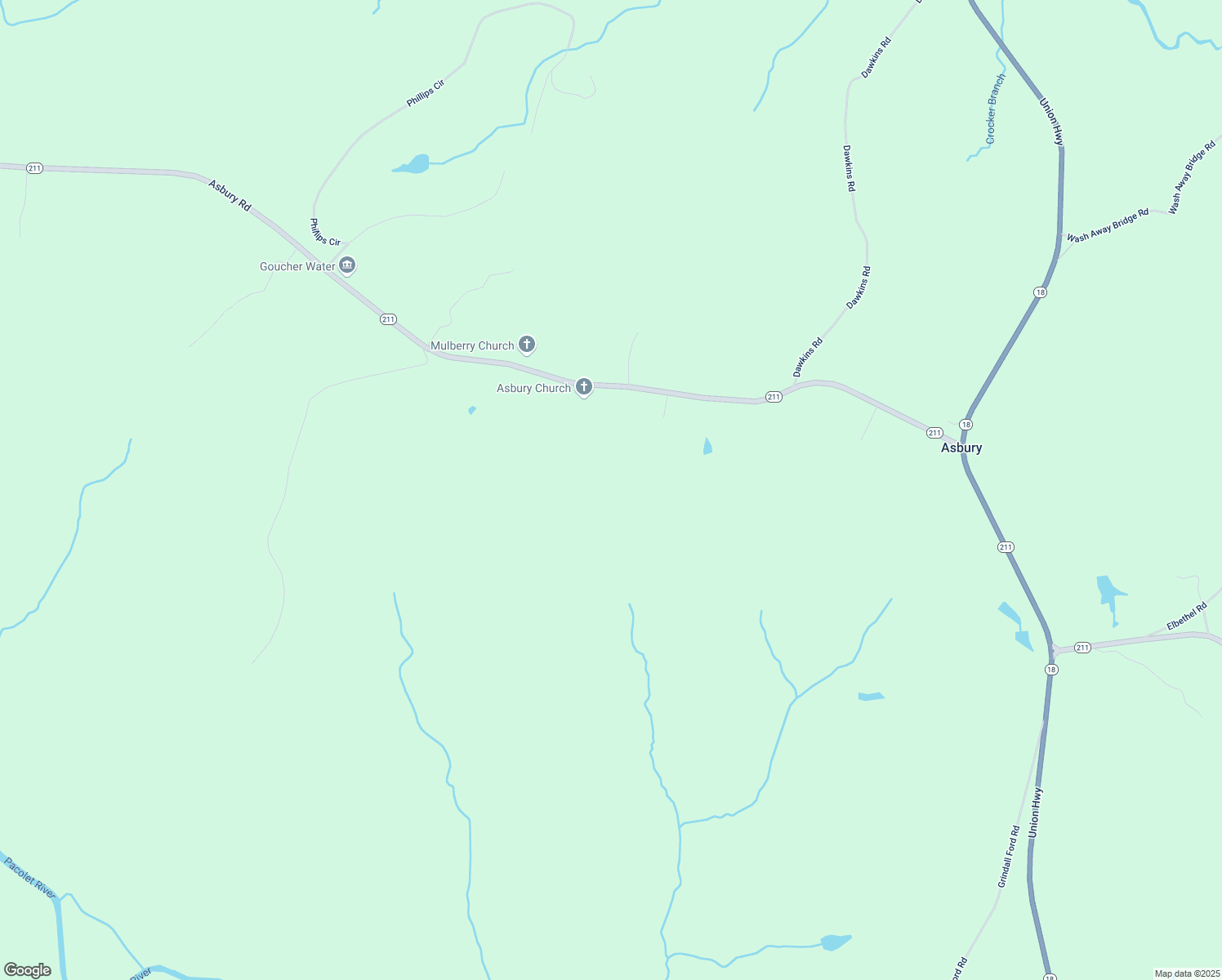 map of restaurants, bars, coffee shops, grocery stores, and more near 487 Asbury Road in Pacolet