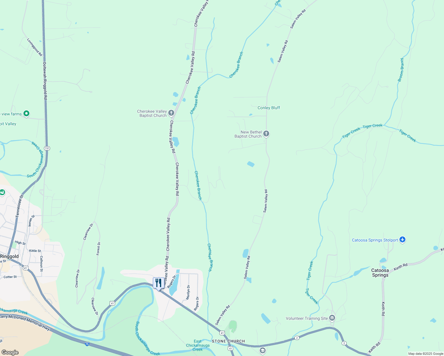 map of restaurants, bars, coffee shops, grocery stores, and more near 612 Cherokee Lake Drive in Ringgold