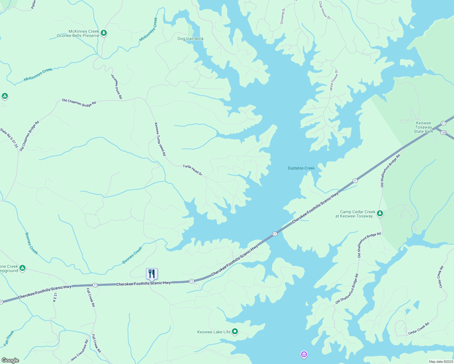 map of restaurants, bars, coffee shops, grocery stores, and more near Keowee Bay Circle in Salem