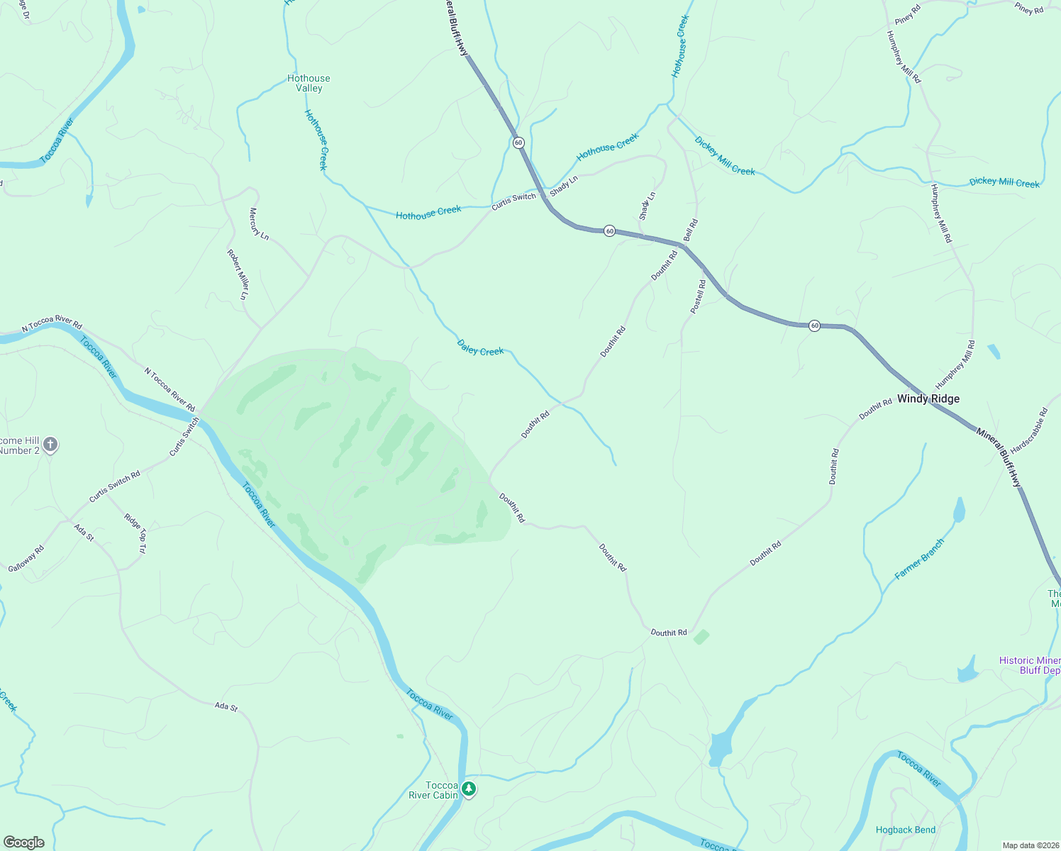 map of restaurants, bars, coffee shops, grocery stores, and more near 582 Douthit Road in Mineral Bluff