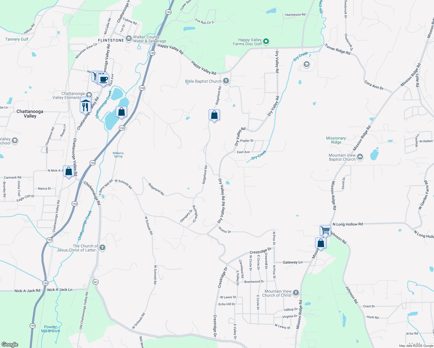 map of restaurants, bars, coffee shops, grocery stores, and more near 1250 Dry Valley Road in Rossville