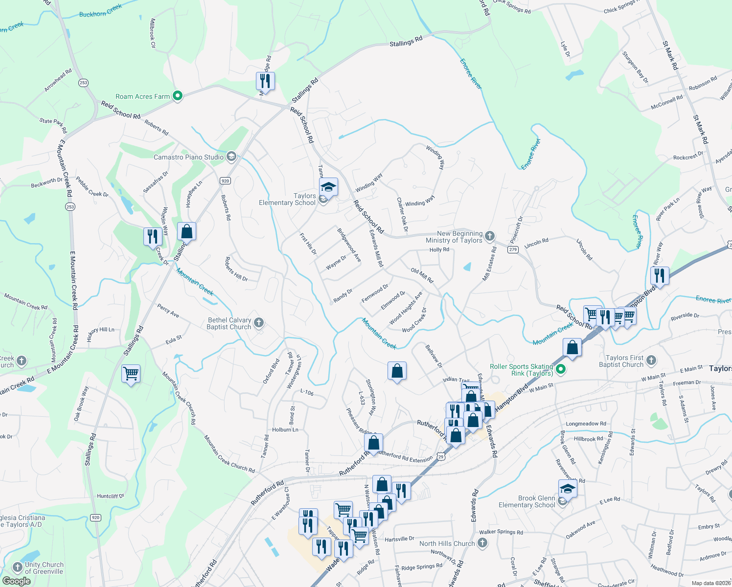 map of restaurants, bars, coffee shops, grocery stores, and more near 16 Fernwood Drive in Taylors