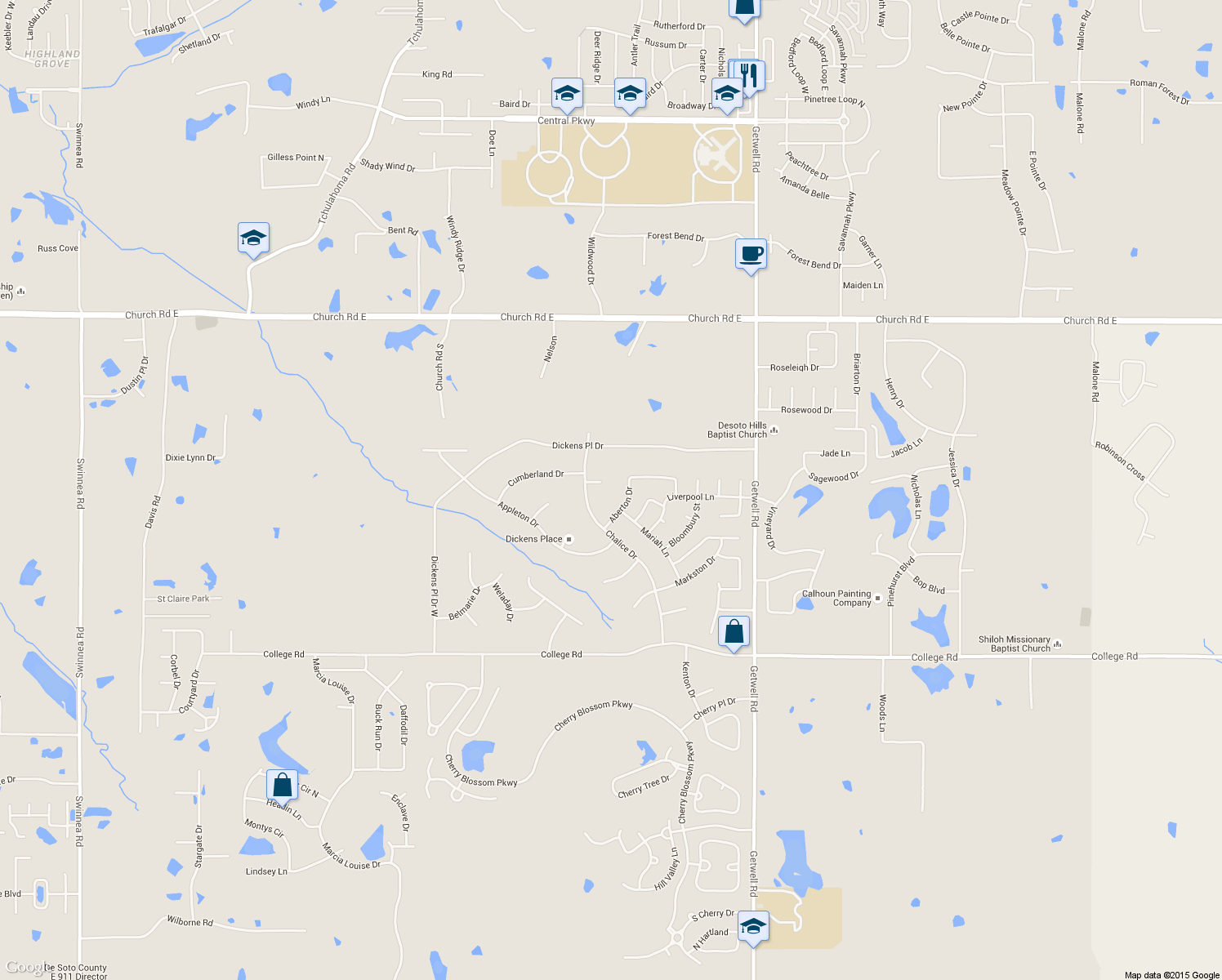 map of restaurants, bars, coffee shops, grocery stores, and more near 2555 Dickens Place Cove in Southaven
