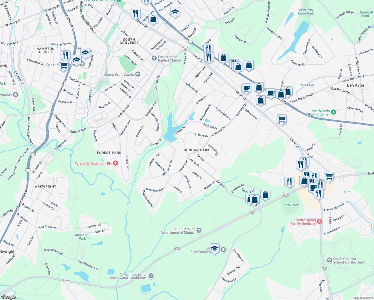 map of restaurants, bars, coffee shops, grocery stores, and more near 108 Maxwell Road in Spartanburg