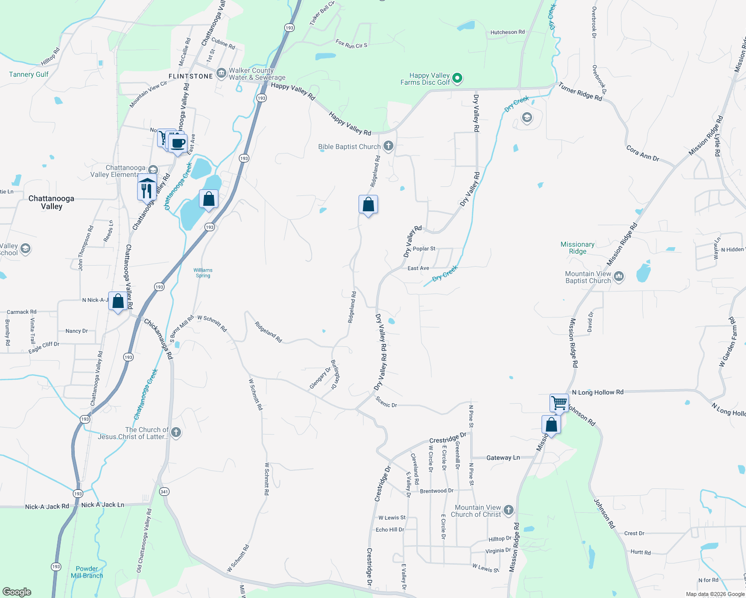 map of restaurants, bars, coffee shops, grocery stores, and more near 1250 Dry Valley Road in Rossville