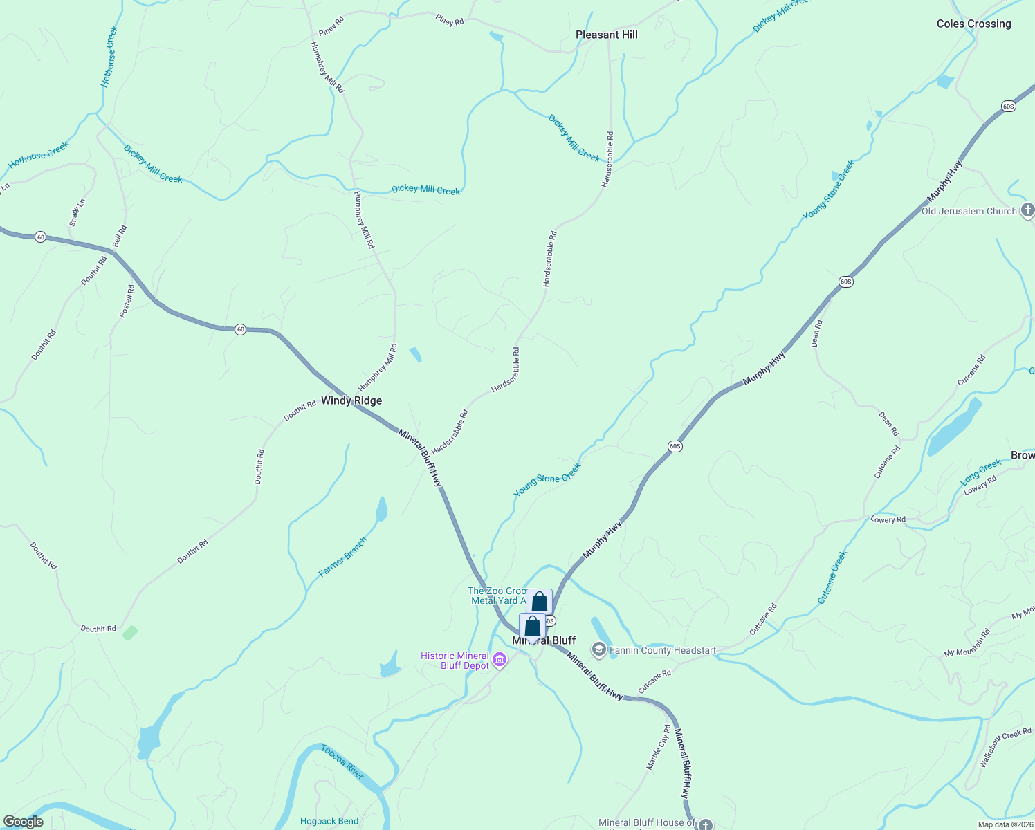 map of restaurants, bars, coffee shops, grocery stores, and more near 430 Hardscrabble Road in Mineral Bluff