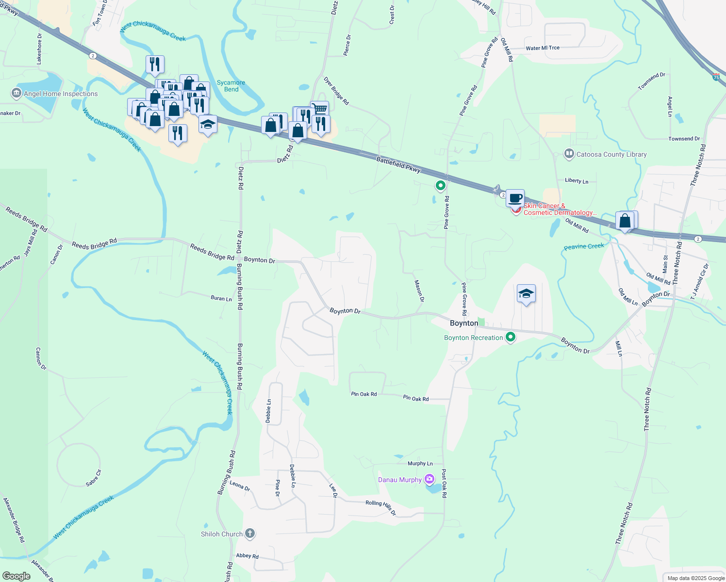 map of restaurants, bars, coffee shops, grocery stores, and more near 115 Joe-Tike Drive in Ringgold