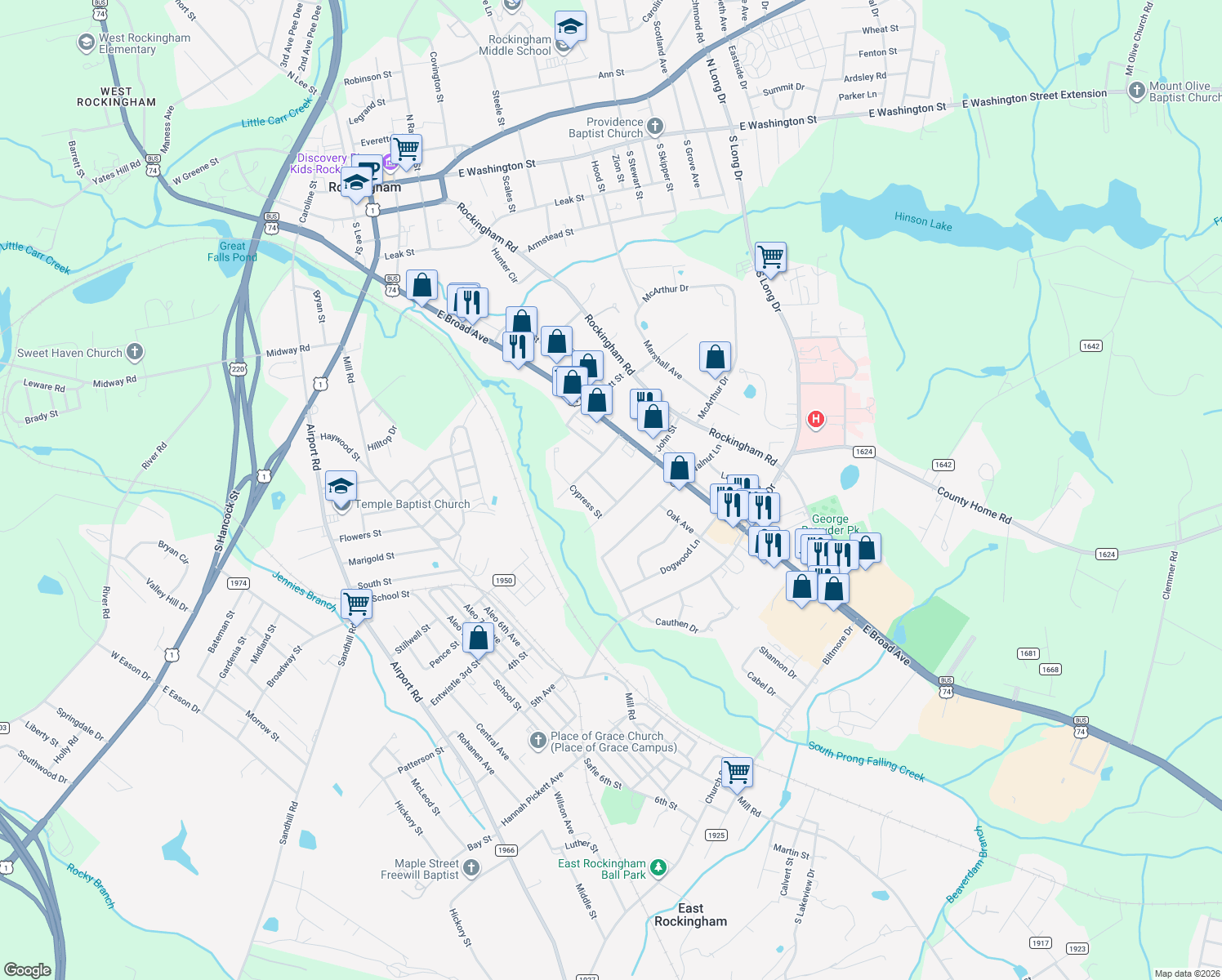 map of restaurants, bars, coffee shops, grocery stores, and more near 942 Thomas Street in Rockingham