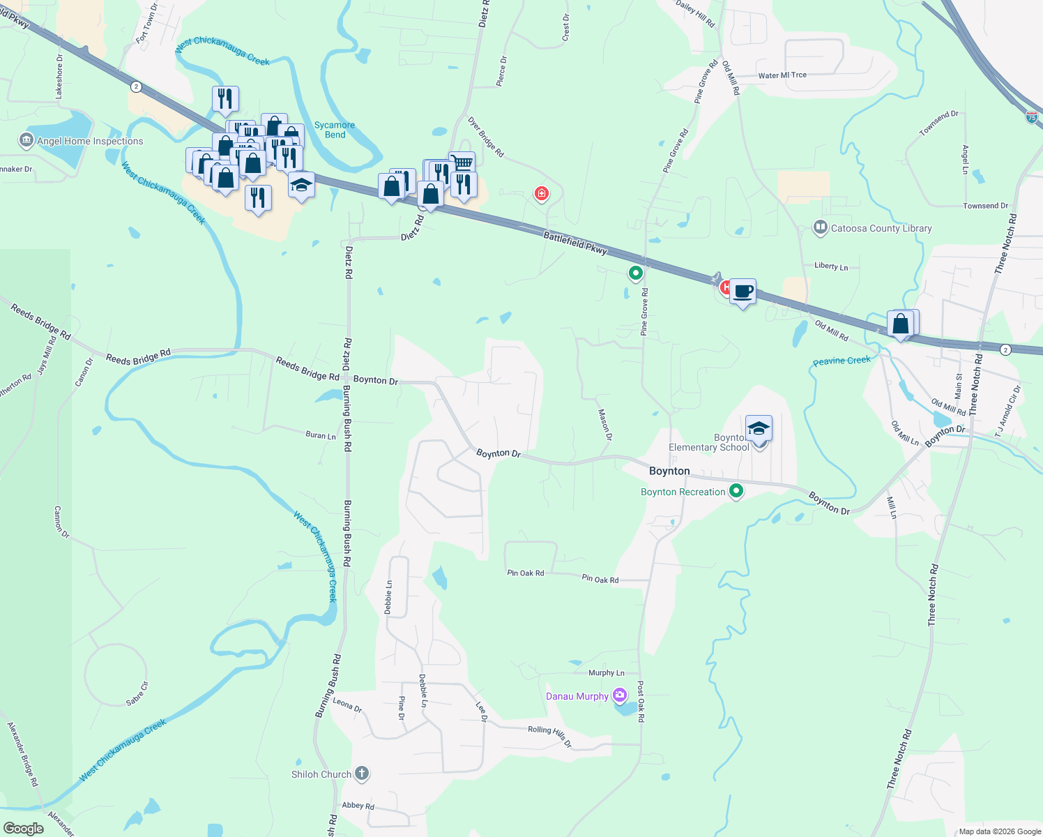 map of restaurants, bars, coffee shops, grocery stores, and more near 115 Joe-Tike Drive in Ringgold