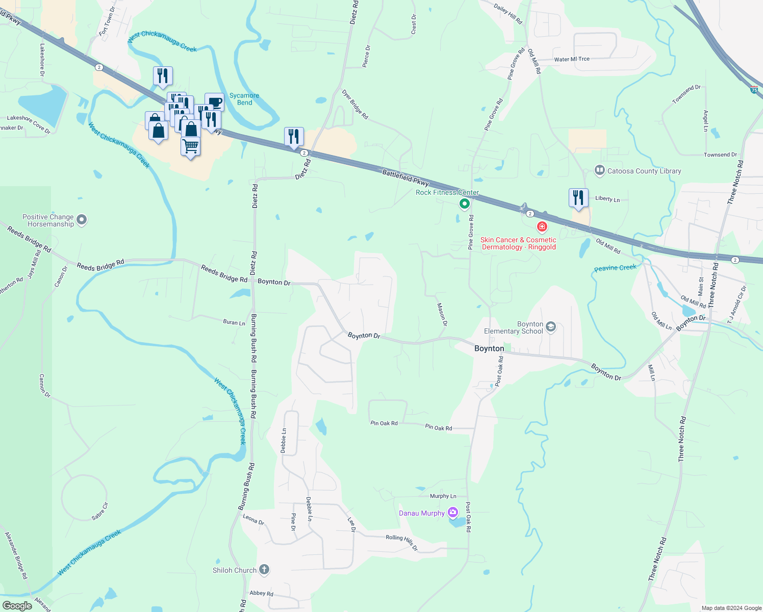 map of restaurants, bars, coffee shops, grocery stores, and more near 115 Joe-Tike Drive in Ringgold