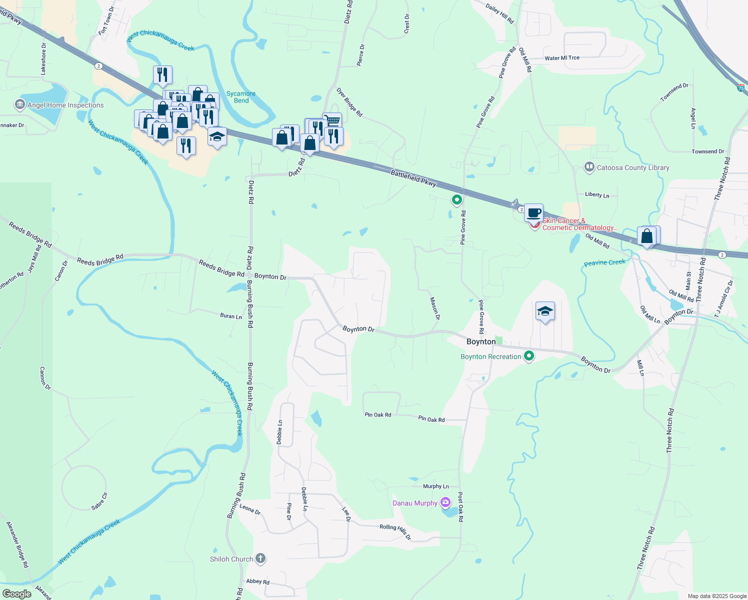 map of restaurants, bars, coffee shops, grocery stores, and more near 115 Joe-Tike Drive in Ringgold